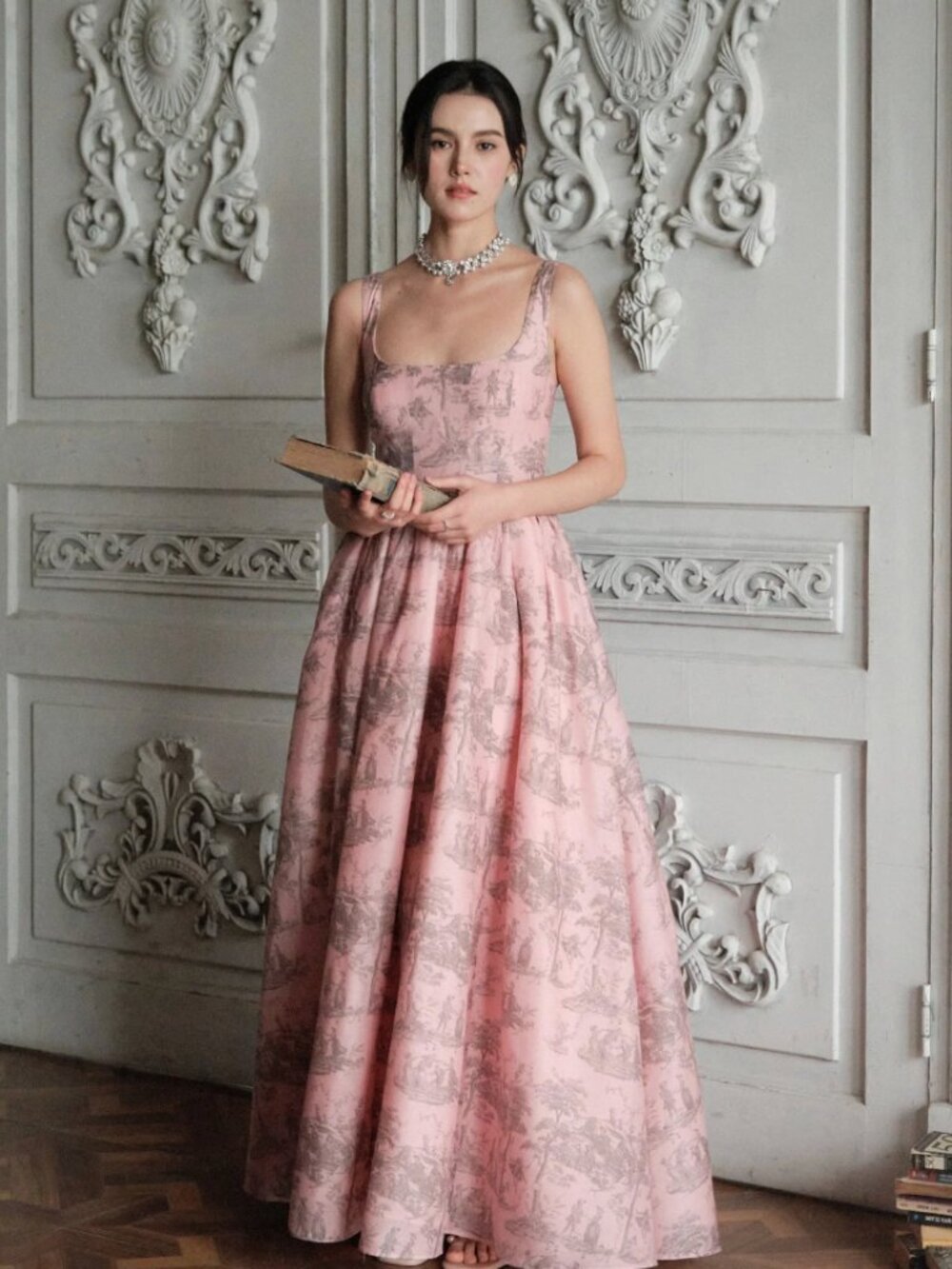 Maison Amory Pink Toile Maxi Dress - Sleeveless Square Neck